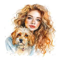 Wall Mural -  Curly girl with her curly dog watercolor paint 