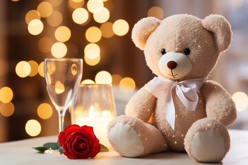 Wall Mural - closeup cute toy teddy bear with bow and red roses on bokeh background