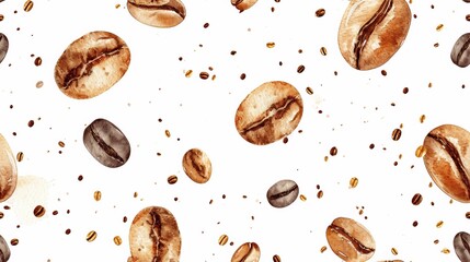 Wall Mural - A pattern of a coffee bean and some other beans on white, AI