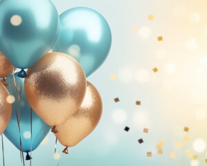 Light pastel blue background with confetti, close up sparkling blue and gold bunch balloons for celebrate birthday party, events, greeting card, presentation