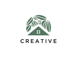 Wall Mural - Green house nature logo design, leaf concept on the house. 