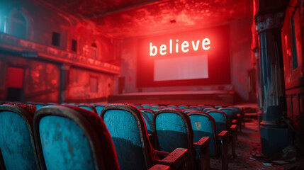 Cinematic Inspiration - Believe - word displayed on a movie screen Gen AI