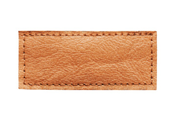 brown leather belt strap closeup isolated on white. brown stitched leather seam frame label tag isol