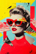 Leinwandbild Motiv Pop collage Illustration of a beautiful female fashion model with sunglasses over scolorful and vibrant patterns and shapes, Fashion, pop art