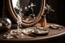 A Wooden Table With A White Vintage Mirror And Pearls In The Background. For Mockups, A Photo Montage May Be Used