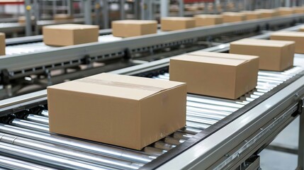 Wall Mural - Close up of multiple cardboard box packages moving along a conveyor belt in a busy warehouse