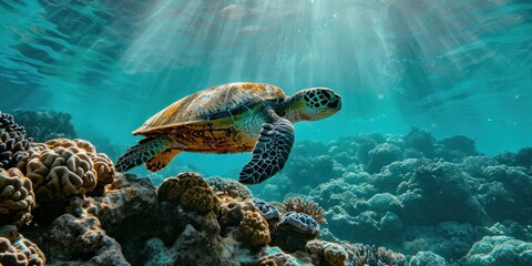 Wall Mural - a sea turtle swimming under water