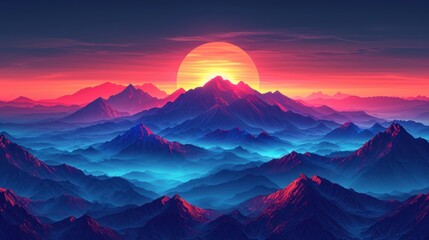 Wall Mural -  a sunset view of a mountain range with the sun rising over the top of the mountain range in the distance.