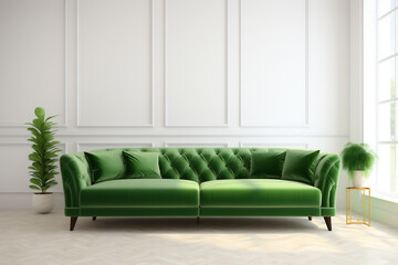 Midcentury modern luxury aesthetics living room with green velvet couch and green plants