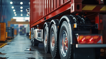 A big truck in a warehouse, transporting products.