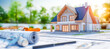 © Viks_jin - house under construction on blueprints, building project. building house, brick and project for construction industry background