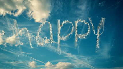 Skywriting 'Happy' - Joyful word written in the sky with airplane smoke trails Gen AI