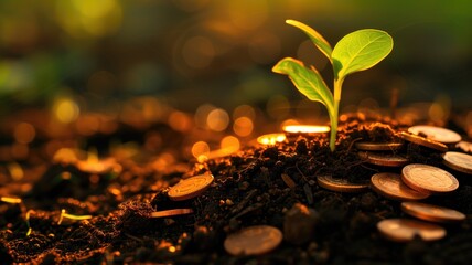 Wall Mural - Plant growing from coins in soil, symbolizing financial growth