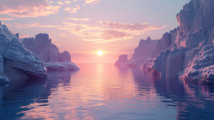 Wall Mural - A stunning 3D rendered futuristic landscape featuring dramatic cliffs and shimmering water