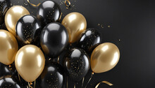 Black And Golden Balloons With Gold Sparkles High Detailed Black Background With Copy Space For Text