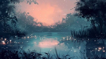 Wall Mural - Beautiful anime-style illustration of glowing fireflies over a lake at twilight