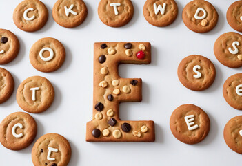 Tea cookie alphabet on white background for website design concept template