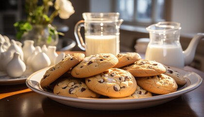Wall Mural - Homemade chocolate chip cookies on rustic wooden table, indulgent snack generated by AI
