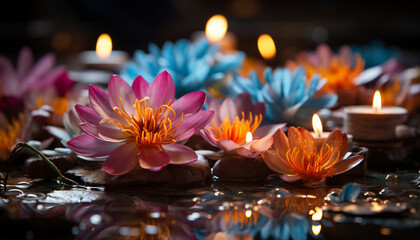 Sticker - A beautiful pink lotus flower floats peacefully on the pond generated by AI