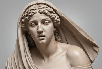 Dull and gloomy ancient Greek sculpture of a somber goddess with hand over mouth