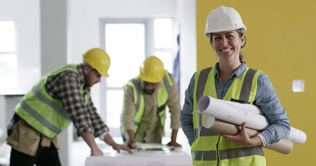 Canvas Print - Blueprint, happy woman or face of architect planning a project, maintenance or renovation in meeting. Architecture, engineering team or designers with floor plan for building or property development