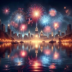 Wall Mural - Holiday fireworks above water with reflection on the black sky background