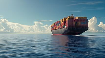 A big cargo ship carrying containers sails across a placid blue sea.