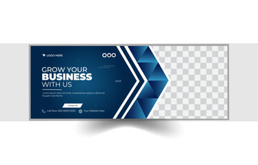 Professional business Facebook cover page timeline web banner template with photo area, modern white backdrop arrangement, and eye-catching form and text design.