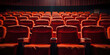 Luxurious Red Movie Theater Seats in a Dimly Lit Empty Cinema. Velvet Theater Seats in Rows. Generative AI
