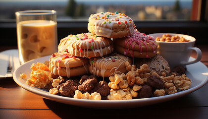 Wall Mural - Homemade dessert on wooden table, indulgence and freshness generated by AI