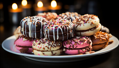 Sticker - Stack of homemade chocolate donuts on wooden table generated by AI