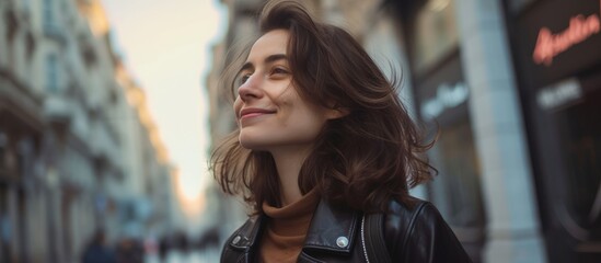 Wall Mural - Smiling young woman confidently glancing at the street.