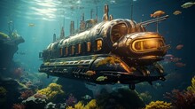 Futuristic Submarine Exploring Oceanic Landscape. Concept Of Underwater Exploration, Marine Vehicle, Ocean Adventure, And Steampunk Design.