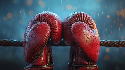 Wall Mural - Red leather boxing gloves with water droplets, set against a rainy backdrop. Concept of outdoor training, weather endurance in sports, and determination in boxing.