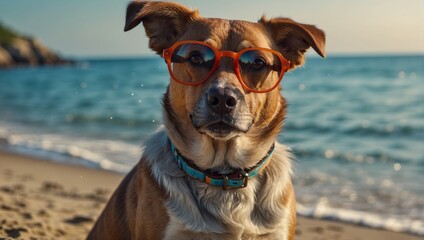 Portrait of a beautiful dog with stylish glasses. Ocean background. A cute pet.