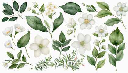 Wall Mural - Watercolor collection of white flowers and green leaves on a white background