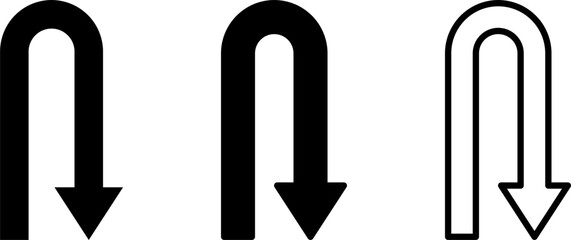 Poster - U Turn Go Back Thin and Thick Black Arrow Sign Icon Set. Vector Image.
