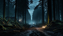 Spooky forest, dark mystery, foggy night, autumn leaves generated by AI