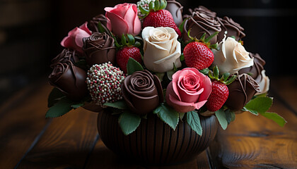 Canvas Print - Sweet food, chocolate dessert, flower bouquet, gourmet indulgence generated by AI