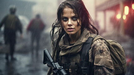 Wall Mural - Wet Terrain Combat: Female Soldier Moving in Rain