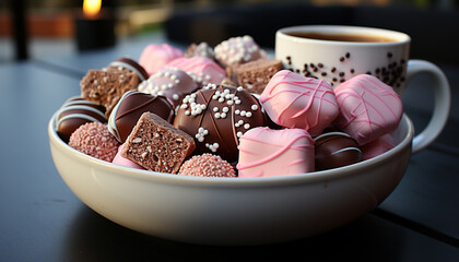 Poster - Gourmet chocolate truffle on a pink plate generated by AI