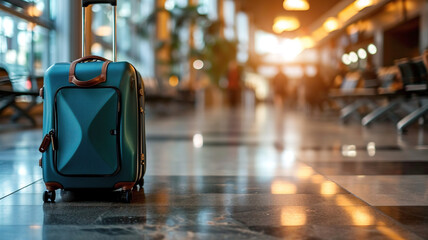 Wall Mural - Blue travel suitcase on the floor in the airport terminal. Travel bag on blurred background of airport waiting room. Stylish travel suitcase close-up at train station.