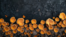 Vivid Orange Mushrooms Emerge From The Dark, Cracked Earth.