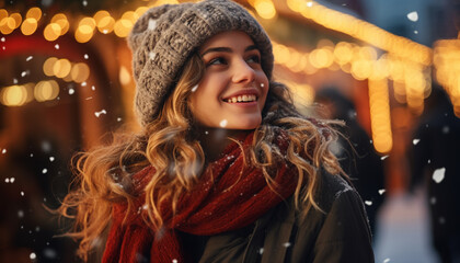 Wall Mural - Smiling young woman enjoying the snow, illuminated by Christmas lights generated by AI