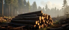 A pile of logs in a forest with bright morning sunlight, timber industry logging timber forest.