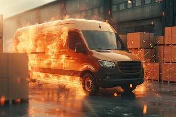 Super fast delivery of package service with van fire effect. Generative AI