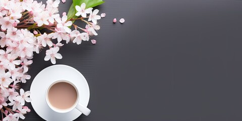 Top view of an office desk with computer, supplies, coffee cup, and flower, offering space to copy.