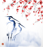 Fototapeta  - Minimalist ink painting with two herons and blossoming sakura branches. Traditional oriental ink painting sumi-e, u-sin, go-hua. Translation of hieroglyph - joy
