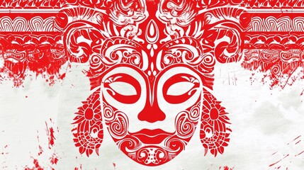 Poster - A red and white patterned face on a grunge background, AI