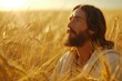 Jesus amidst a field of golden wheat Symbolizing sustenance and the bread of life